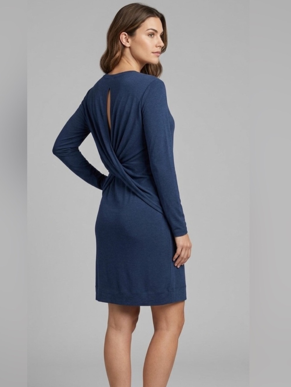 Helmut Lang Blue Open Back Long Sleeve Draped Jersey Dress - S